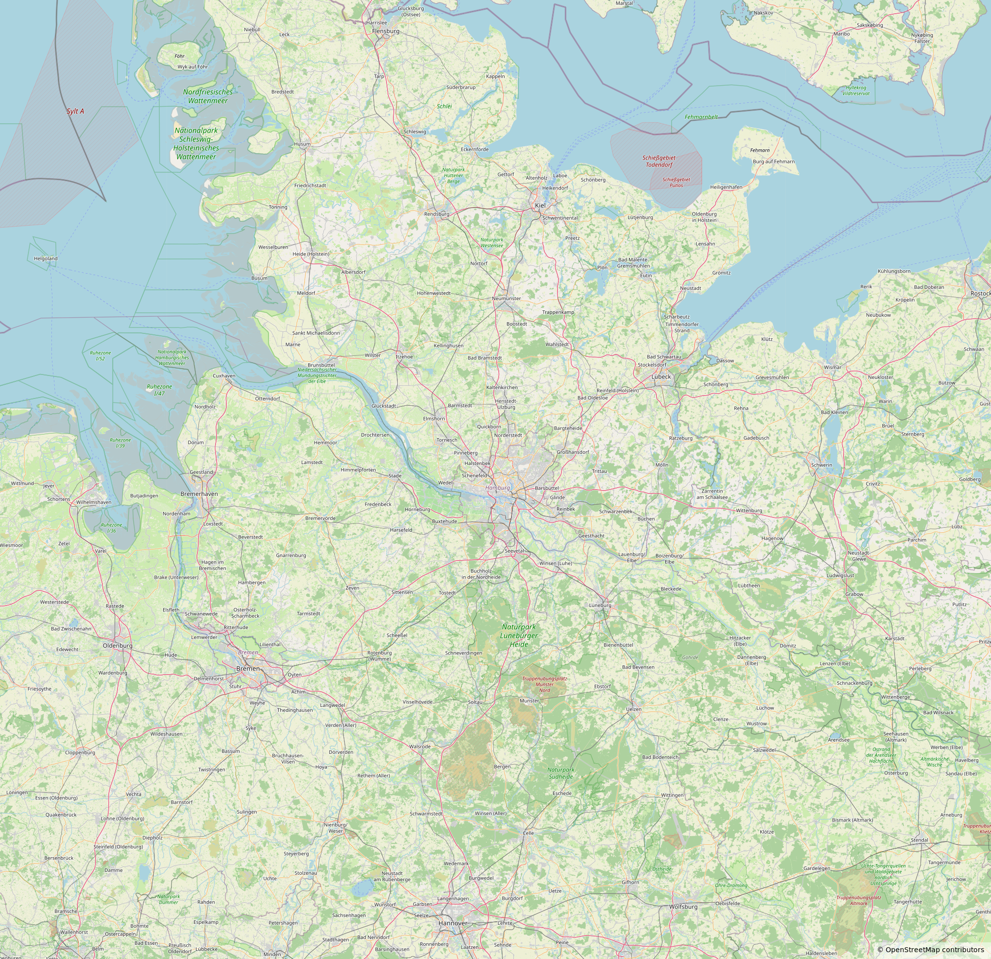 Kartenausschnitt mit dem Einzugsgebiet rund um Hamburg